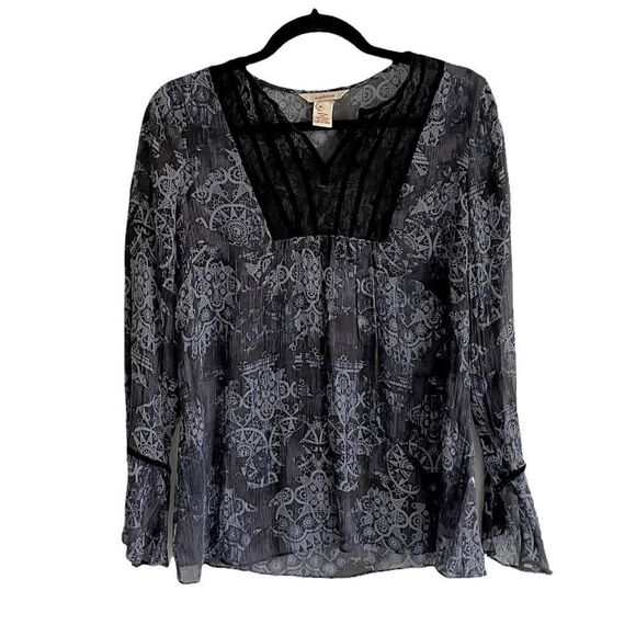 Sundance Blue Silk Printed Long Sleeve Semi-Sheer Popover Blouse Black Lace 8 - Picture 1 of 8